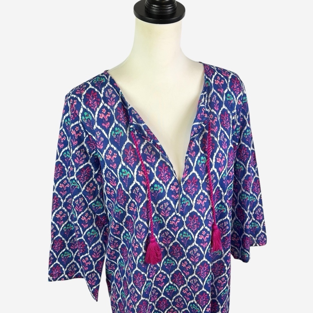 J Crew Swim Cover Up Tunic Size S Cotton Lightweight 3/4 Sleeve Blue Floral - Picture 2 of 12